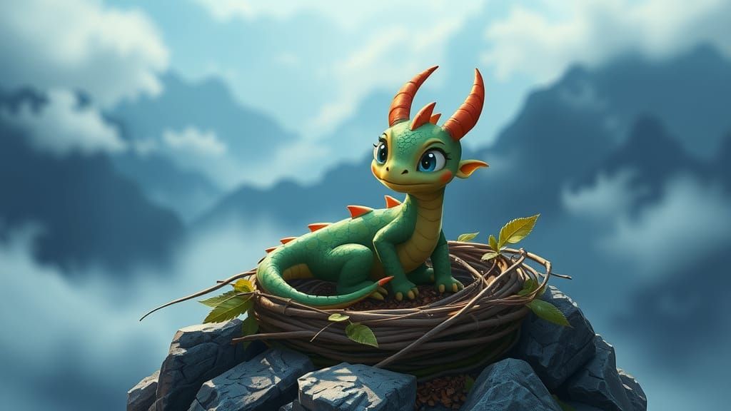 A cute miniature baby dragon sitting in a nest on a mountain...