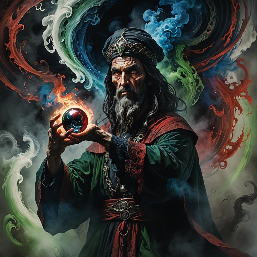Mysterious Sorcerer with Eerie Orb: Sorcery Art