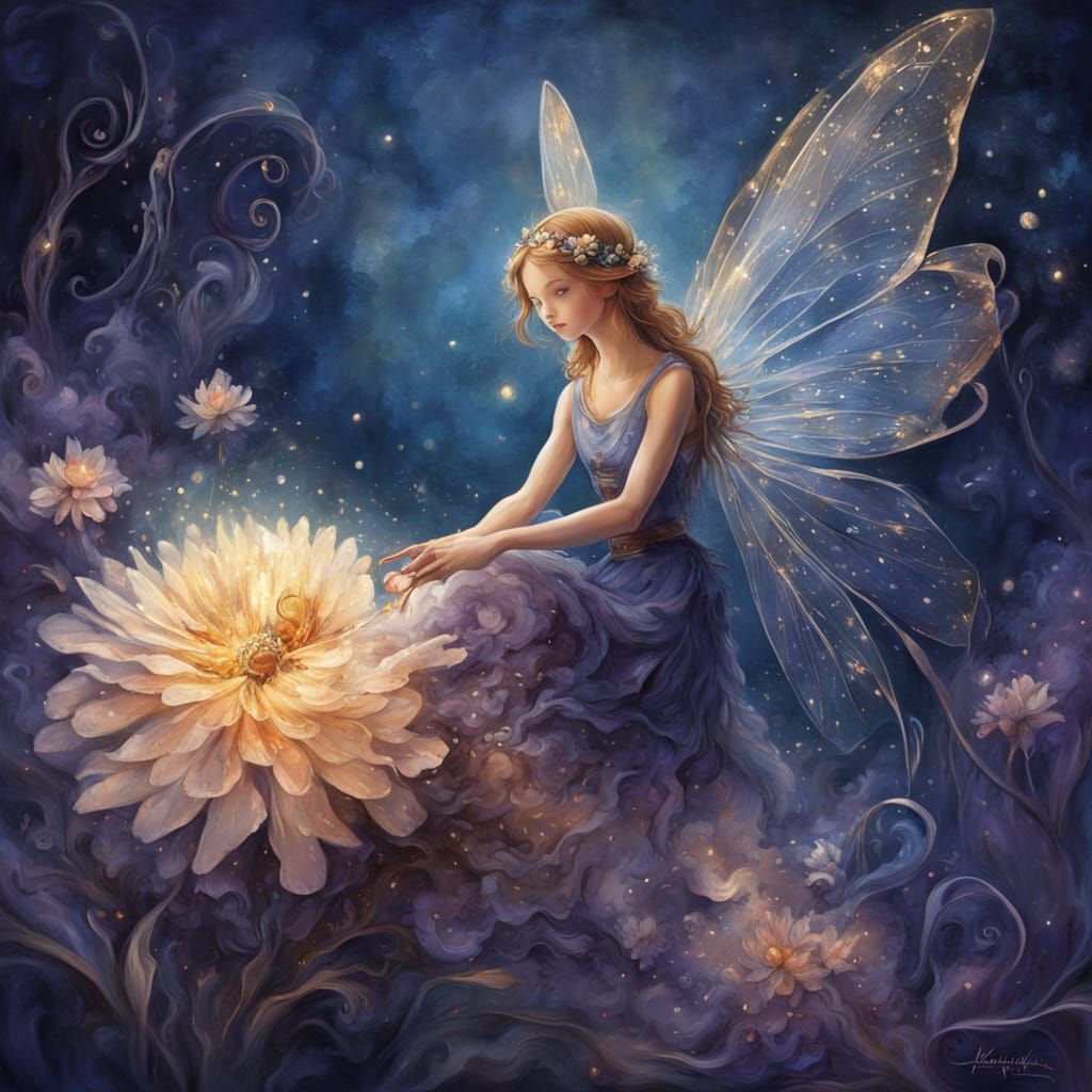 Whimsical Fairy Sits on Glowing Flower in Enchanted Garden