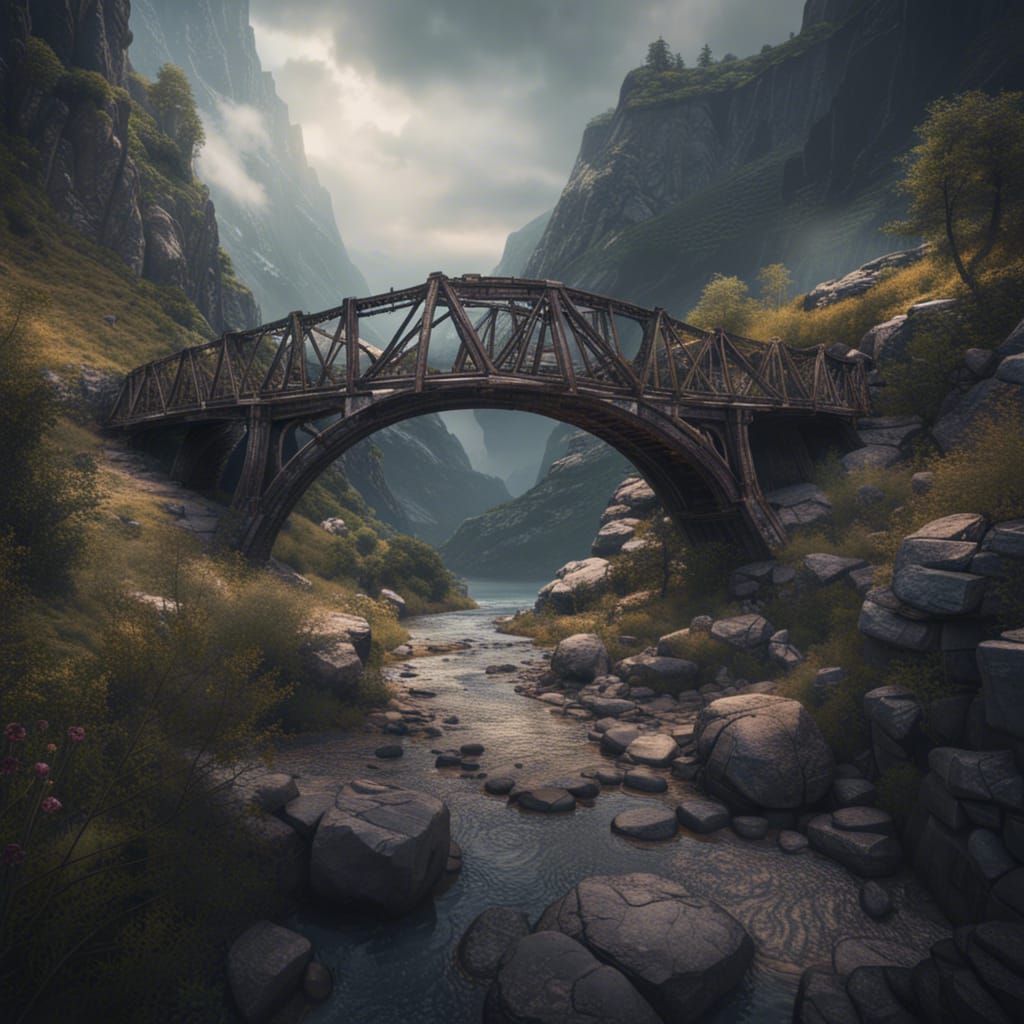 Epic Mountain Bridge: Dramatic Digital Matte Painting
