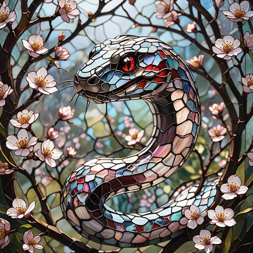 Stained Glass Snake Amongst Cherry Blossoms