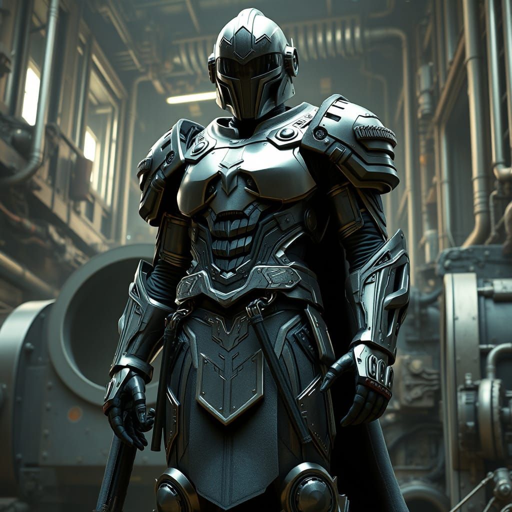 Cyberpunk Metal Guardian in Industrial Setting