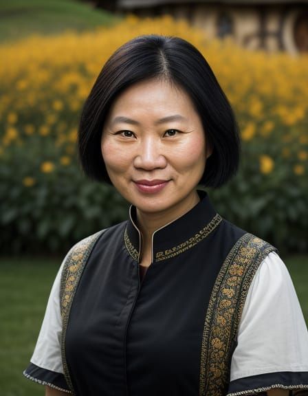 Bald Asian Woman with Eyepatch in Hobbiton, Digital Portrait