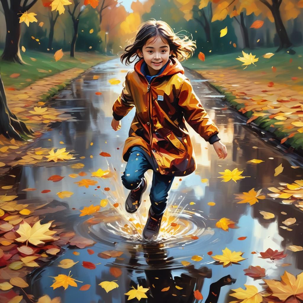 Nahliali Jumps Over Puddle in Autumnal Oil Painting