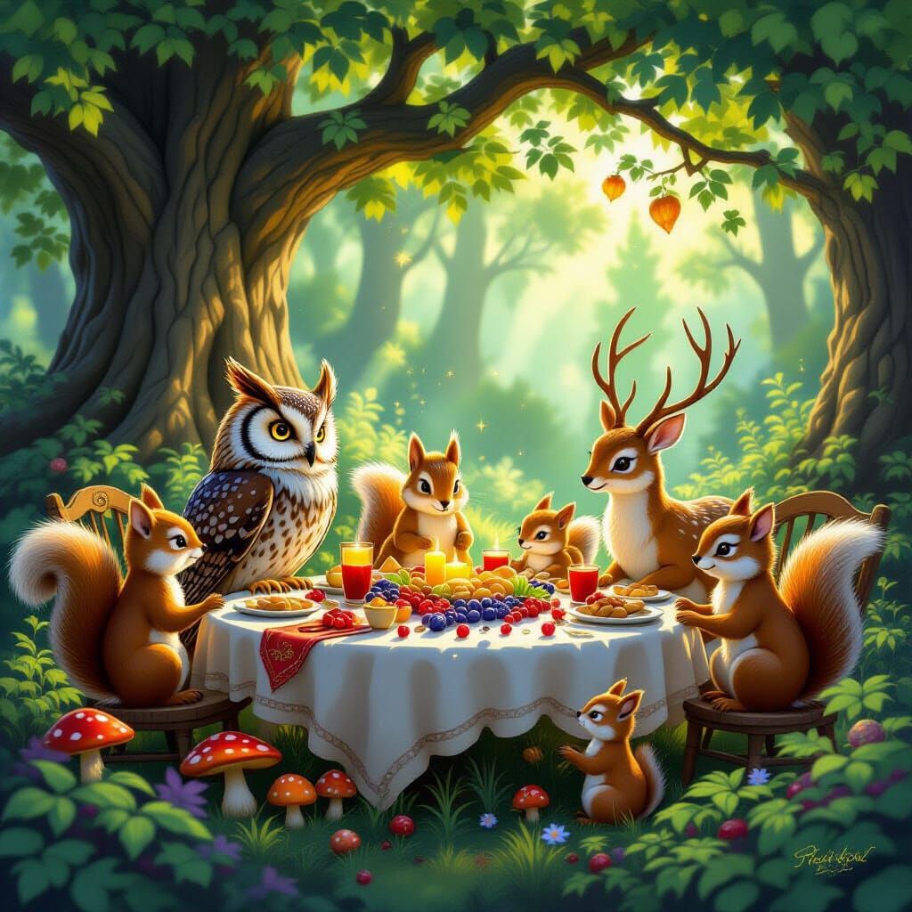 Fantastical Woodland Creatures Feast in Golden Hour Light