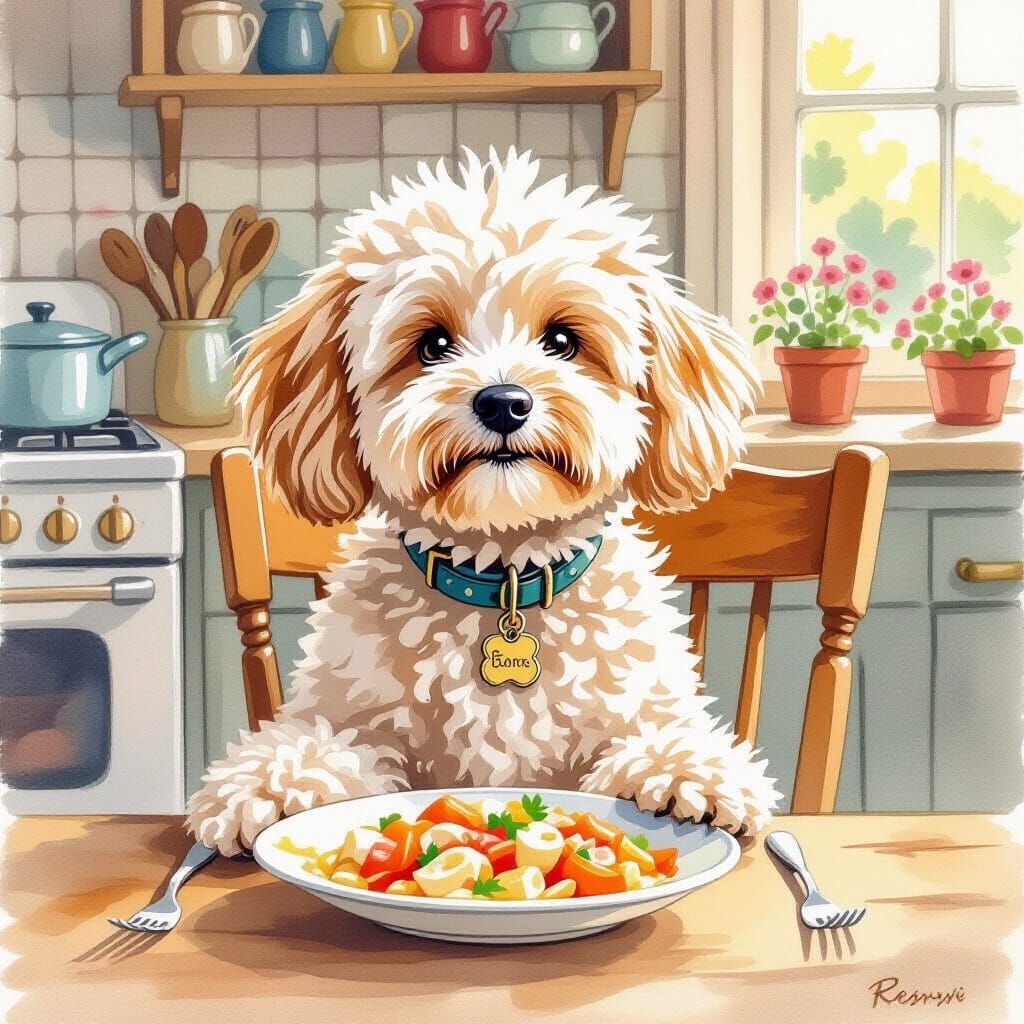Dog's Dinner: Whimsical Illustration in Watercolor Style