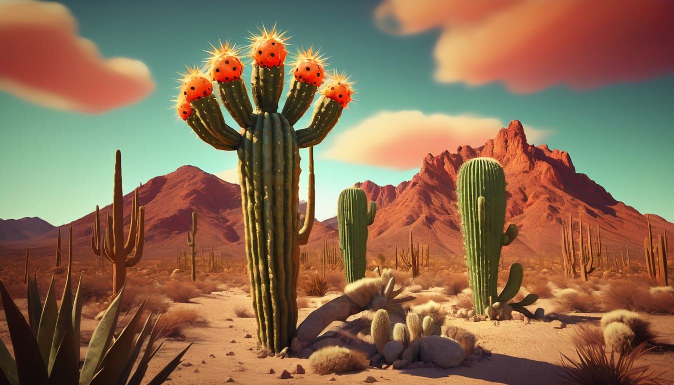 Steampunk Cacti Creature in Arizona Desert, Pop Surrealism