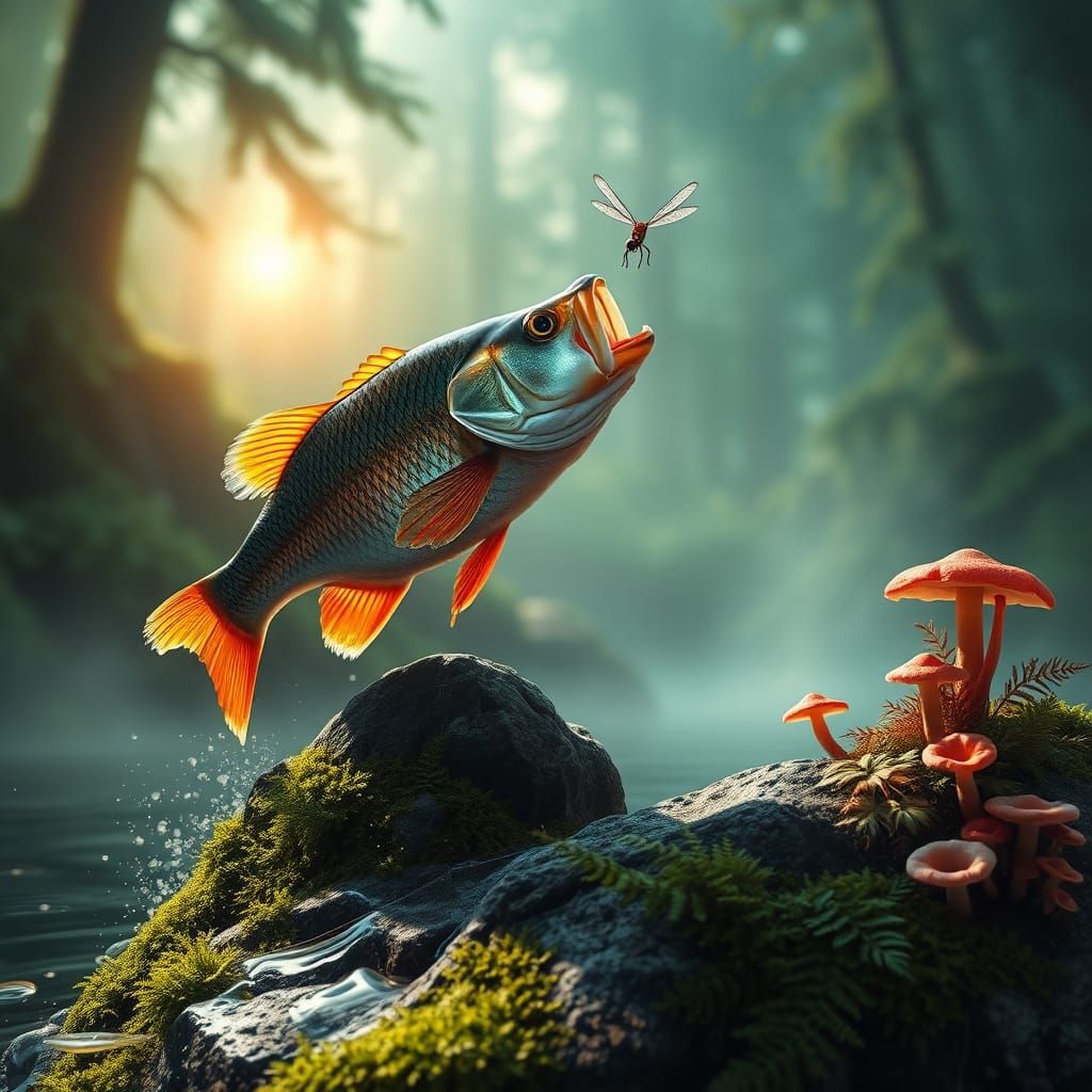 Perch Leaping for Dragonfly, Hyperrealistic Matte Painting