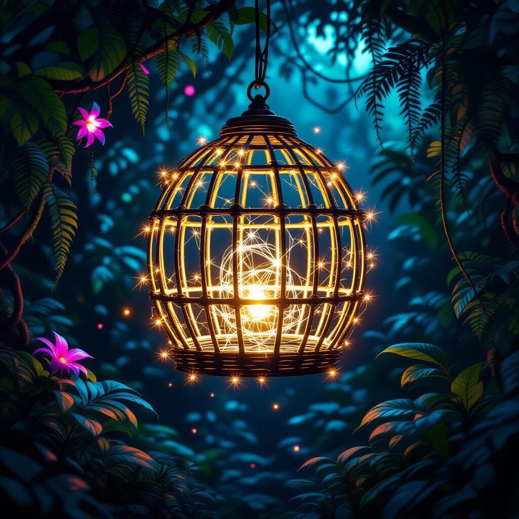 Bioluminescent Birdcage In Alien Jungle At Night