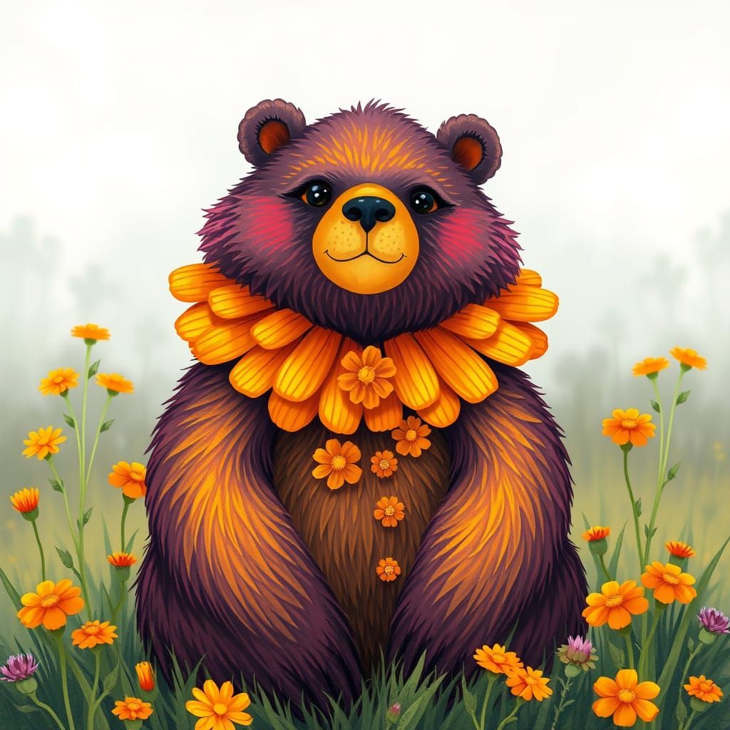 “A fantasy creature that is a hybrid between a bear and a calendula flower. The bear has bright orange calendula petals ...