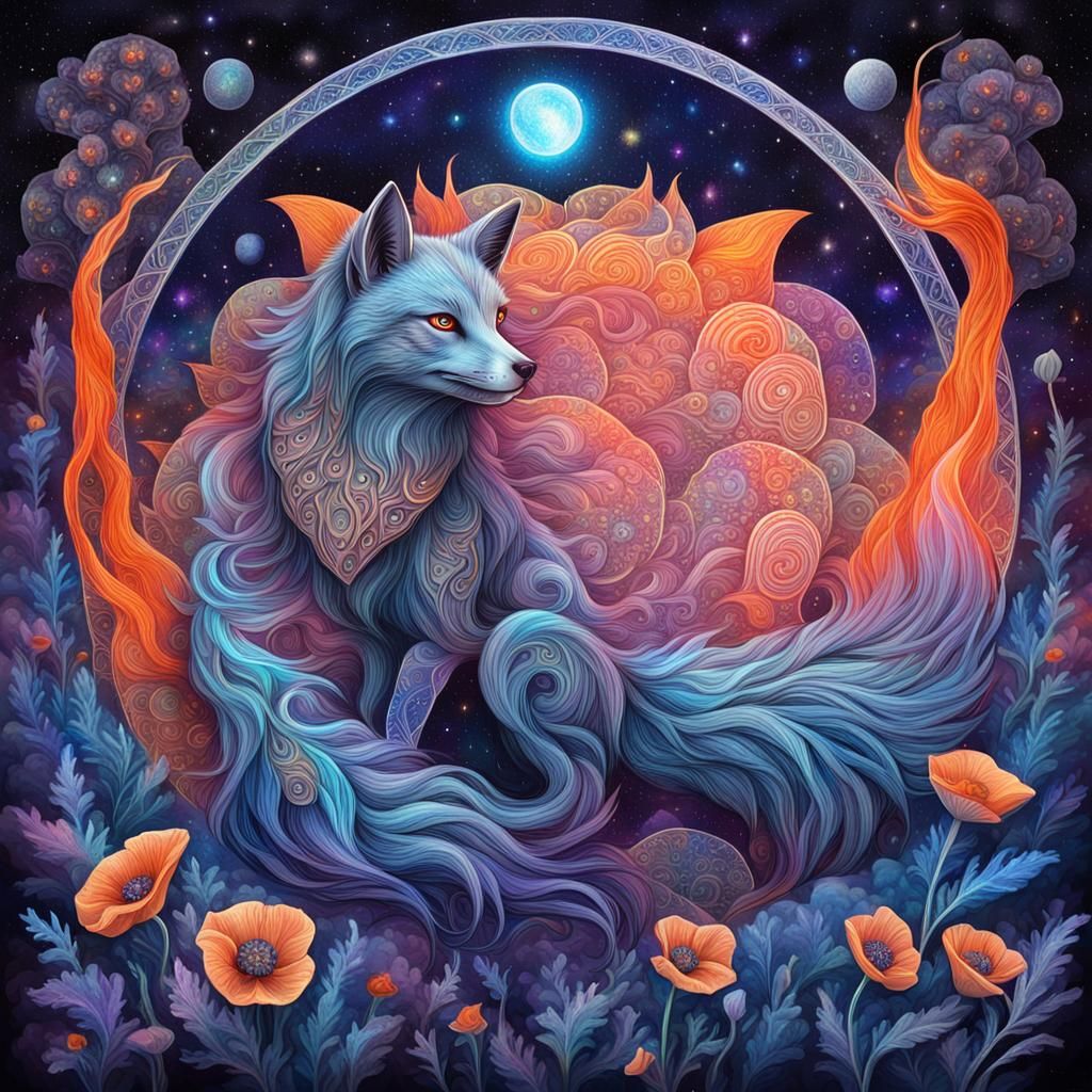 Nine-Tailed Fox with Twilight Moon in Cosmic Style