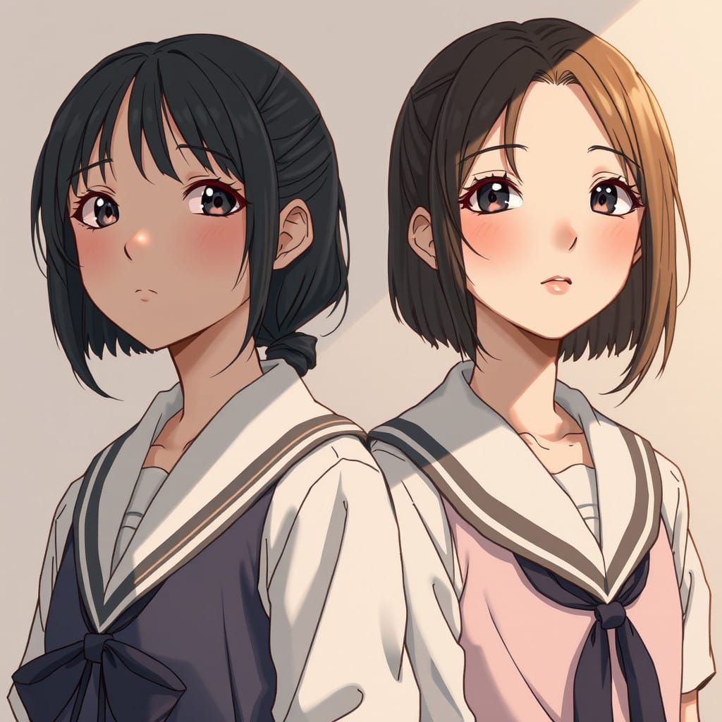 Sisters in Elegant Anime-Inspired School Uniforms