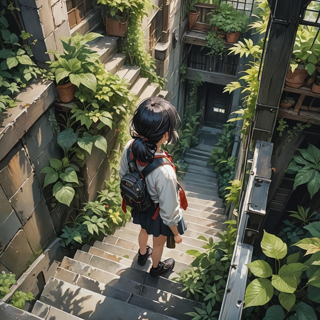Girl Climbing Staircase in Anime Style