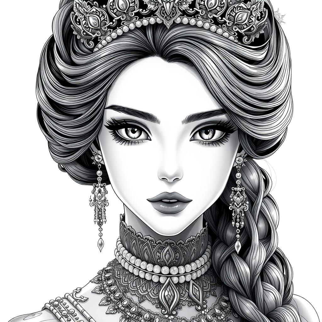 Hyper-Realistic Black and White Princess Portrait in 3D Anim...