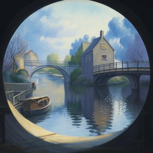 Gerda and Grandmother Crying by Bridge in Watercolor