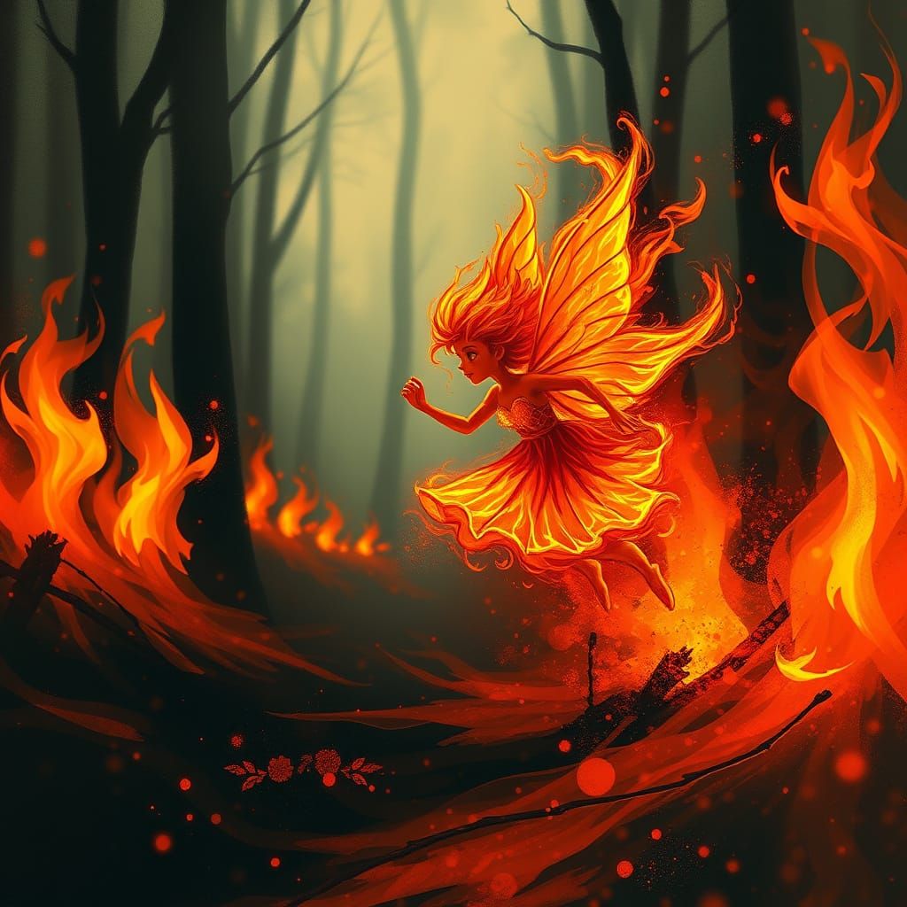 Red Fire Sprite in Forest Fire, Impressionism