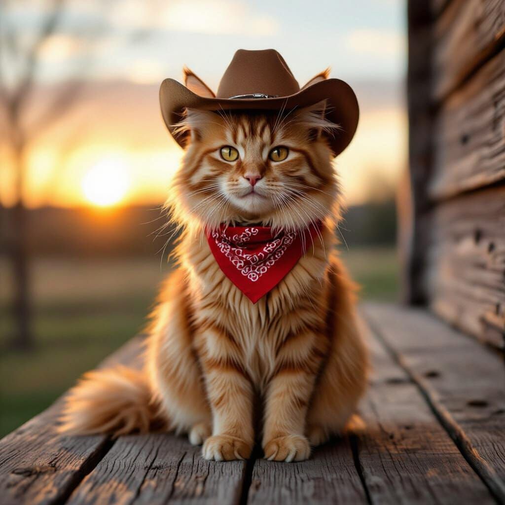 Fluffy Cat Cowboy on Dusty Porch at Sunset