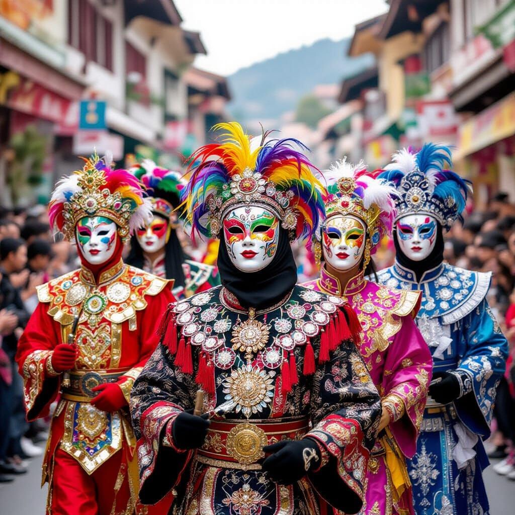 Colorful Festival Revelers Parade in Elaborate Masks