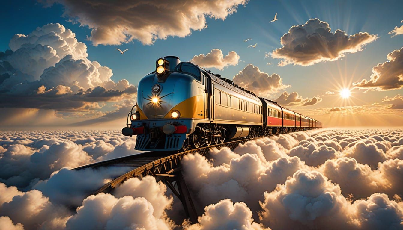 Dreamy Cloudhopper Train Rides Ethereal Skies in Soft Focus