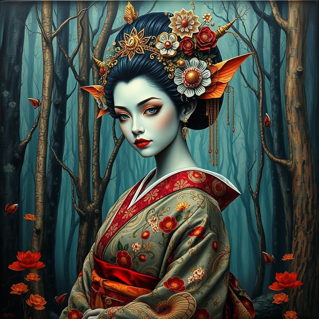 Geisha Elf in Dystopian Forest, Impasto Palette Knife Style