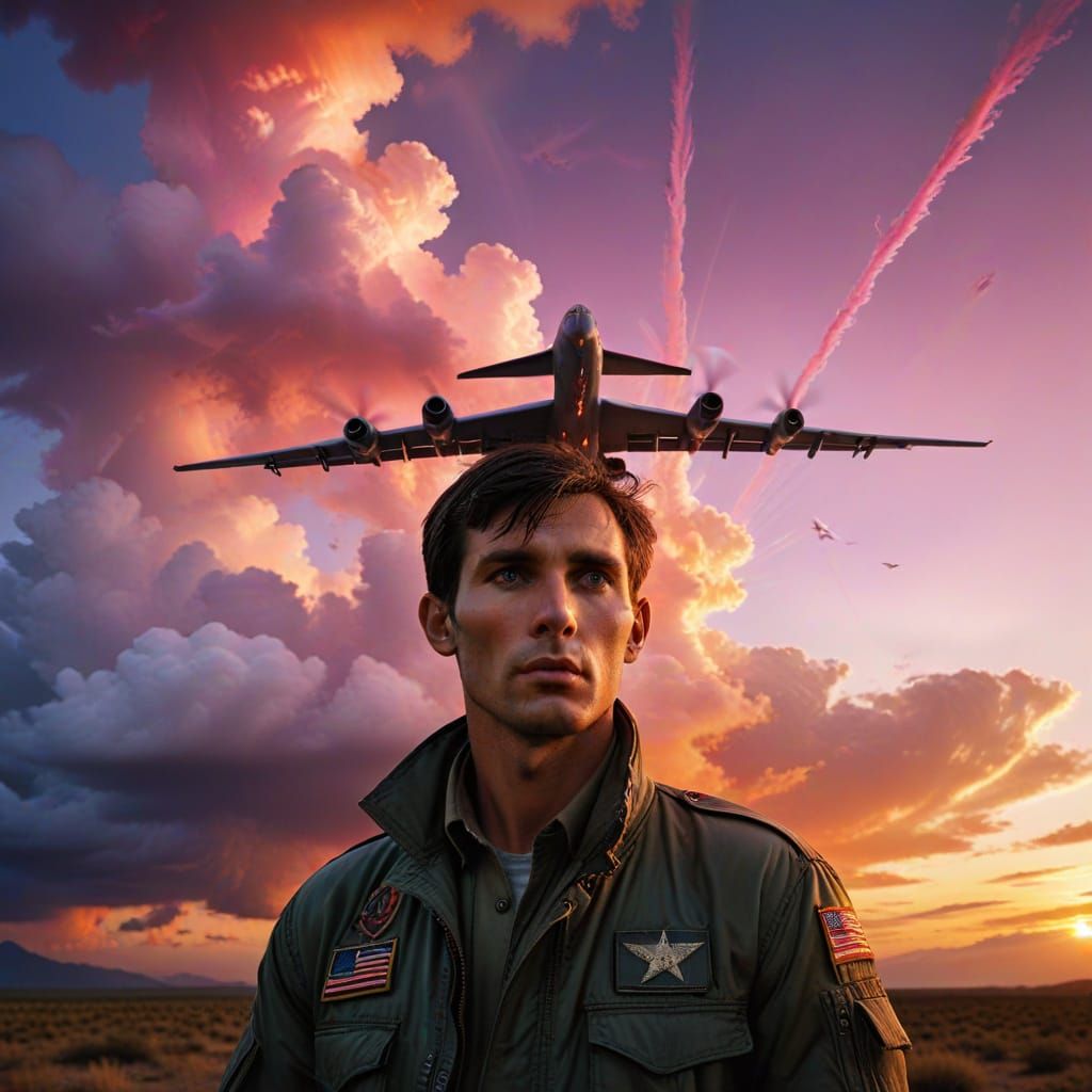 B-52 Bomber Soars into Vibrant Sunset in Triadic Color Psych...