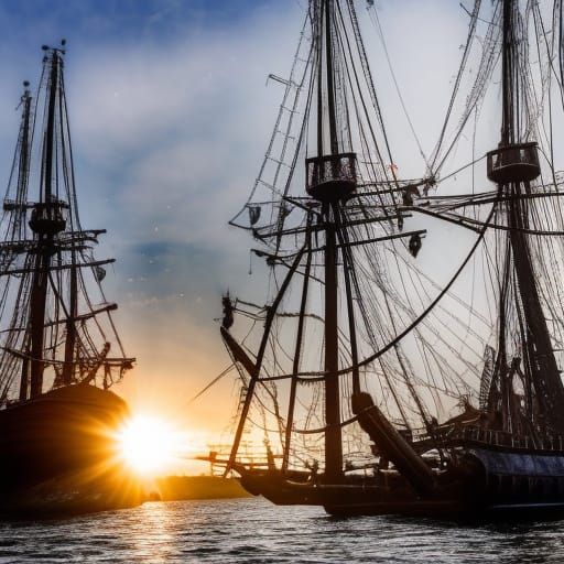 Old Shipyard with Pirate Ships in Sunlight