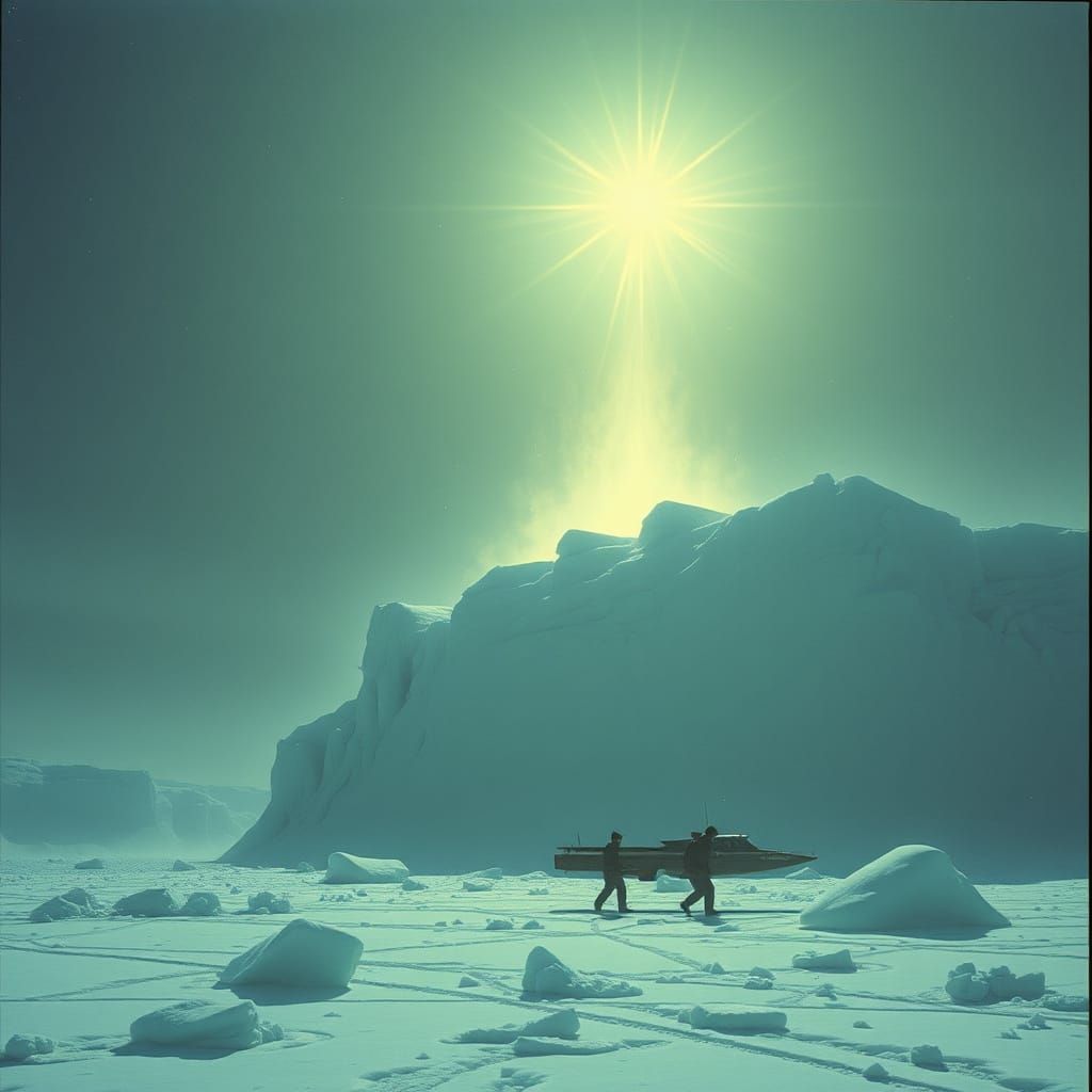 Cursed Falling Star Artifact on Arctic Ice, Moebius Style