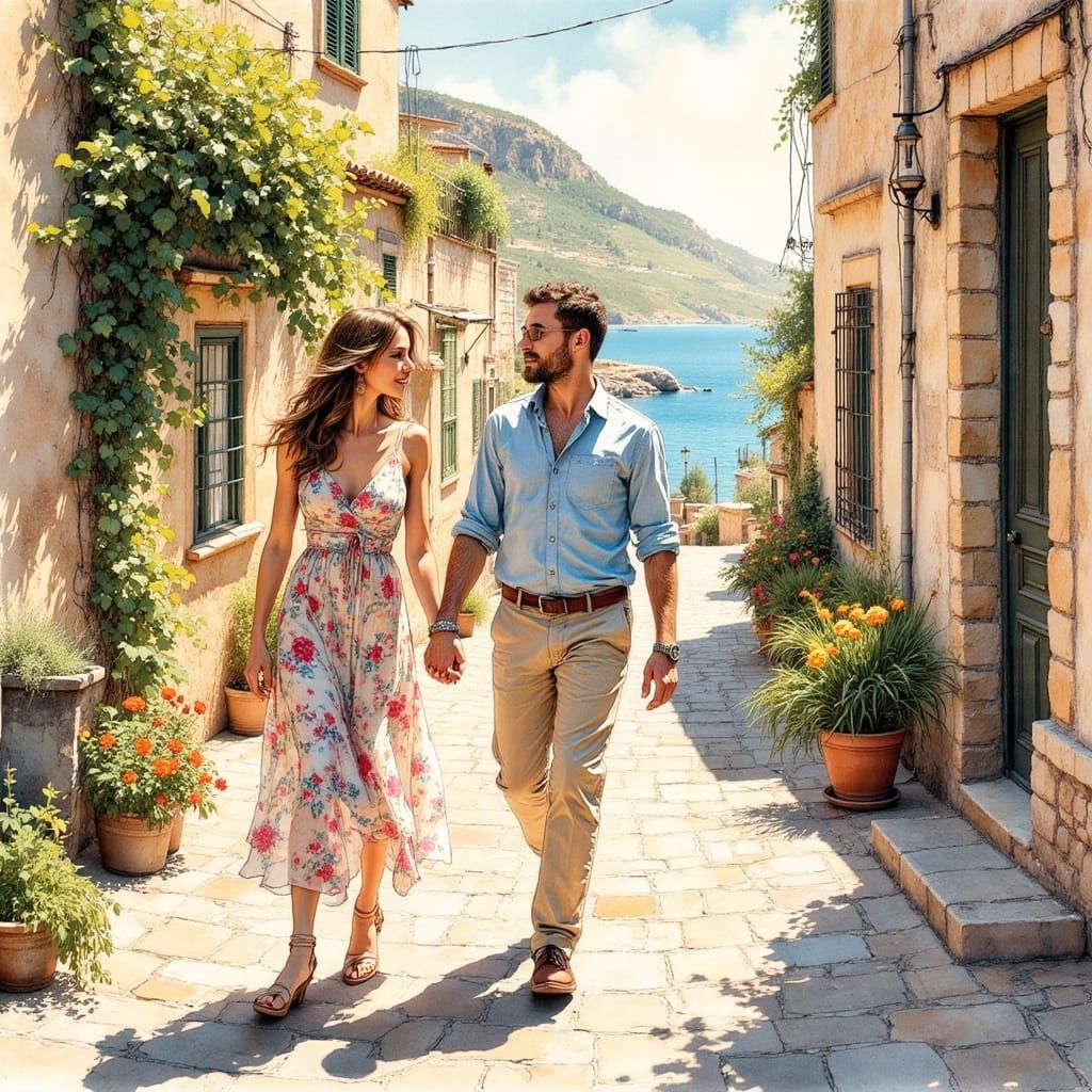 Couple Walking in Sunny Deia, Mallorca, Impressionistic Styl...