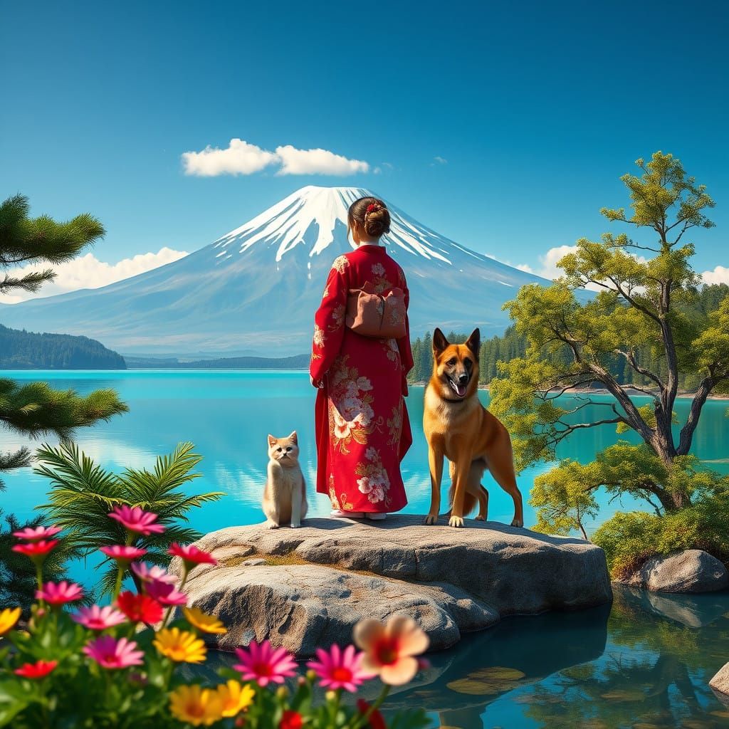Elegant Woman Surrounded by Nature and Loyal Companions in a...