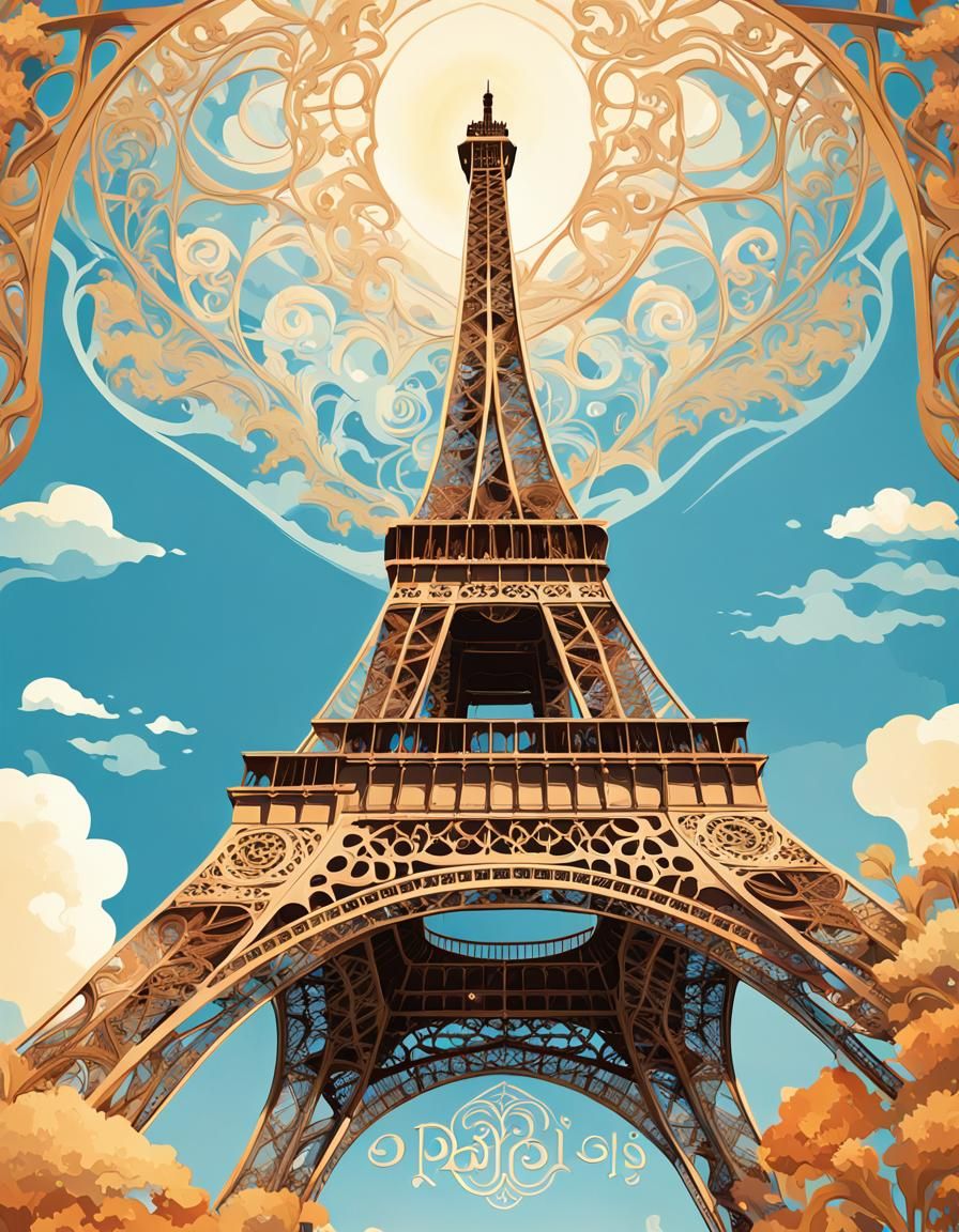 Art Nouveau Eiffel Tower Poster in Gouache Style