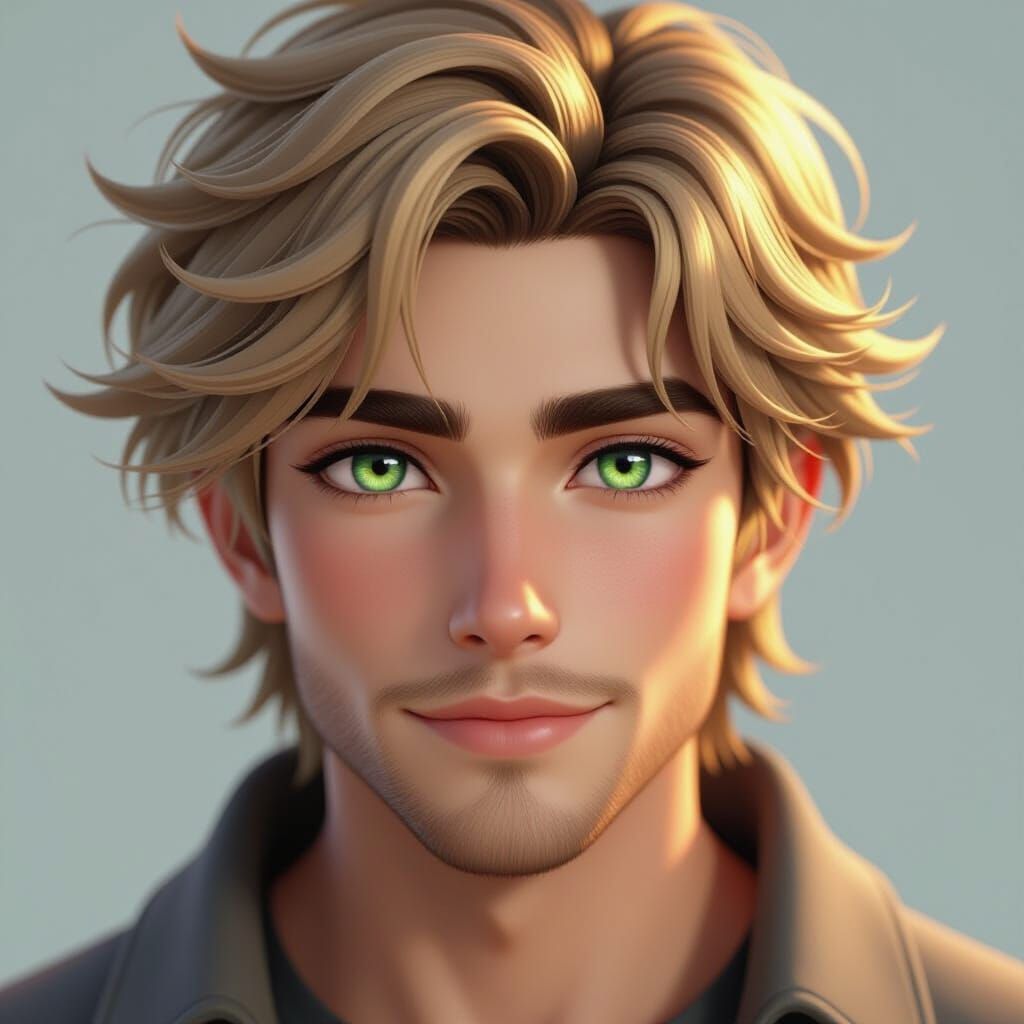 Charming Man with Golden Hair and Glowing Green Eyes