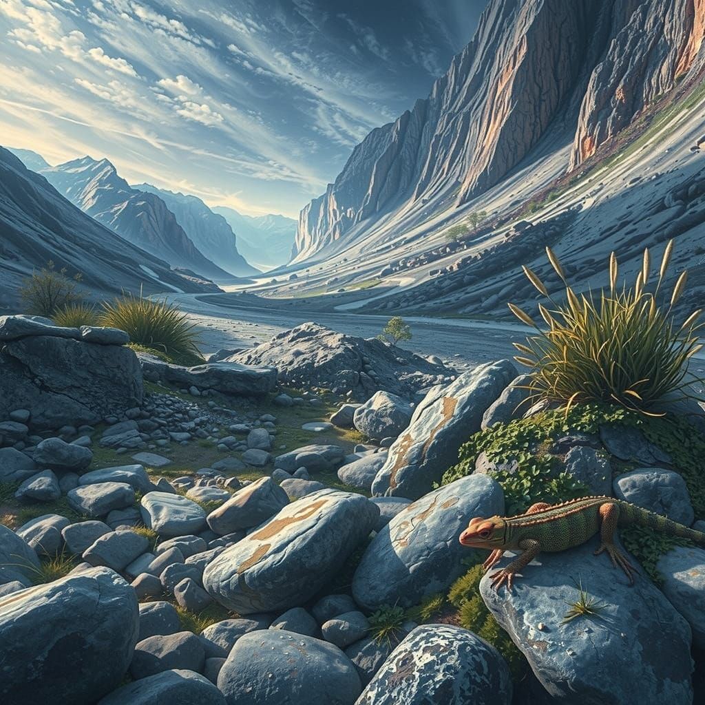 Vibrant Lizard on Rocky Slope, Atmospheric Landscape