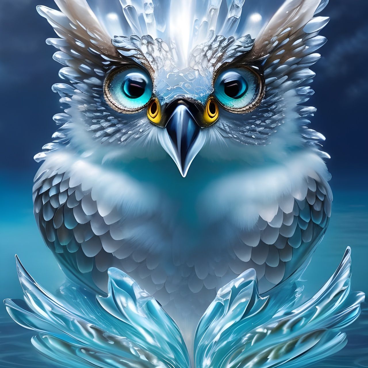 Icy Water Owl: 3D Digital Art with Water Effects