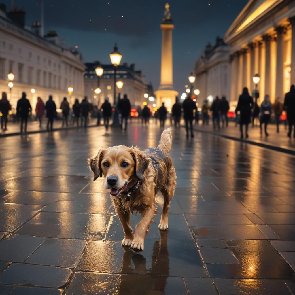 Dog in Trafalgar Square at Night
