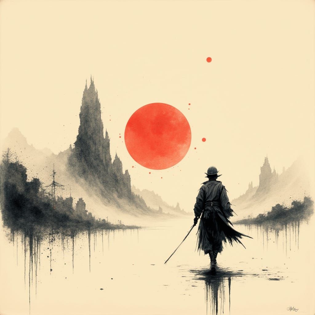 Ethereal Samurai Amidst a Fading Sunset