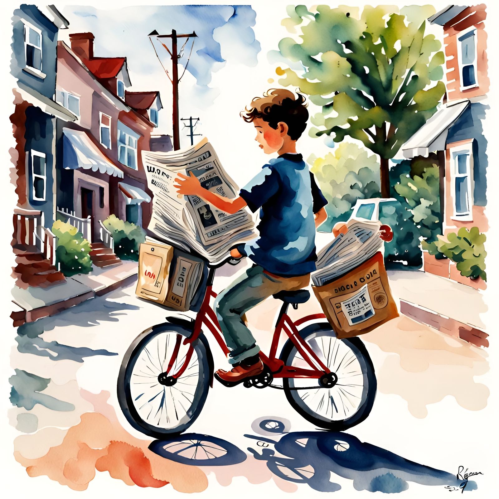 Boy Delivering Newspapers in Watercolor Impressionism Style