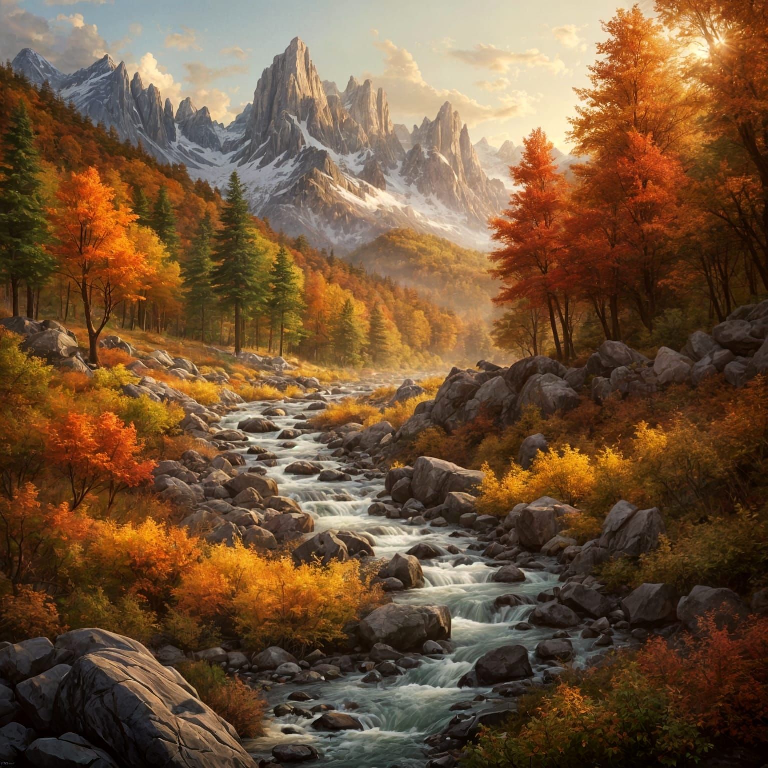 Vibrant Autumn Mountain Landscape with Cascading Stream