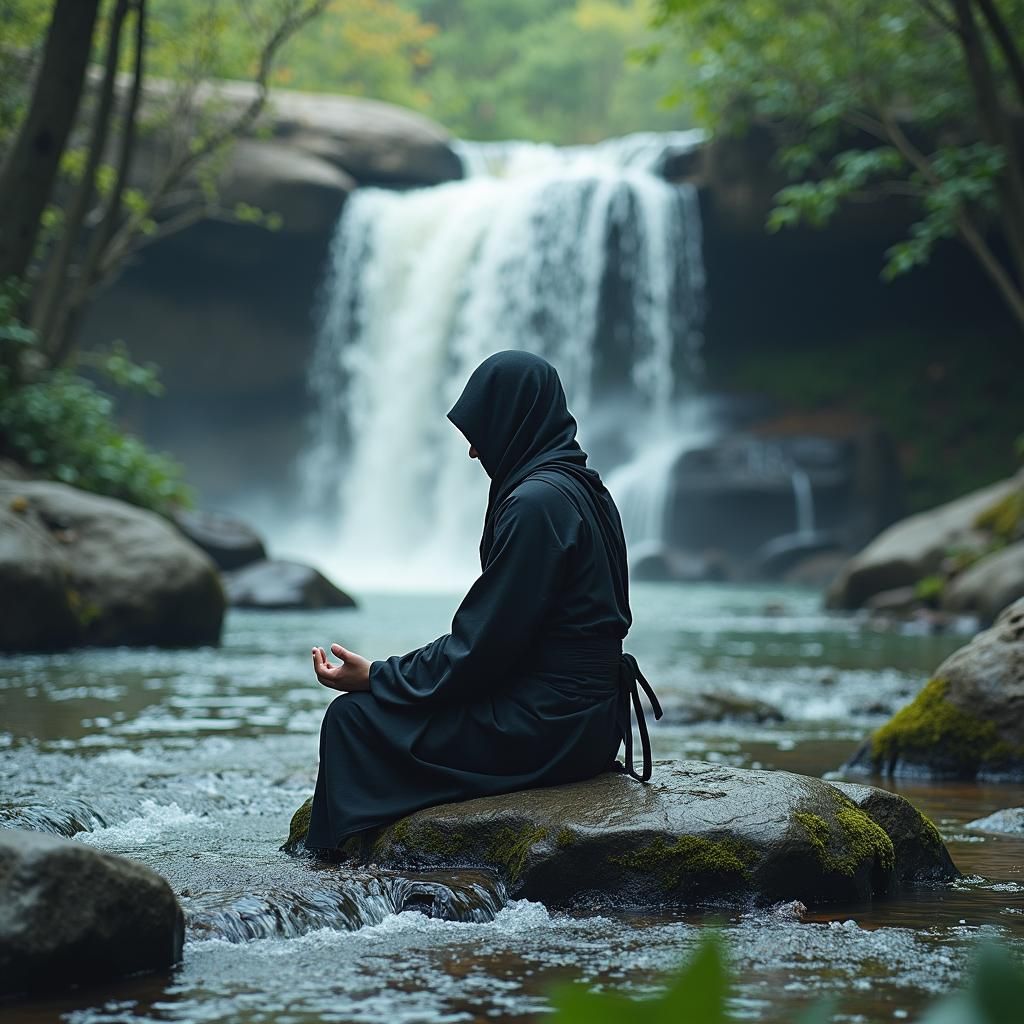 Ninja Crow Meditating by Waterfall Stream