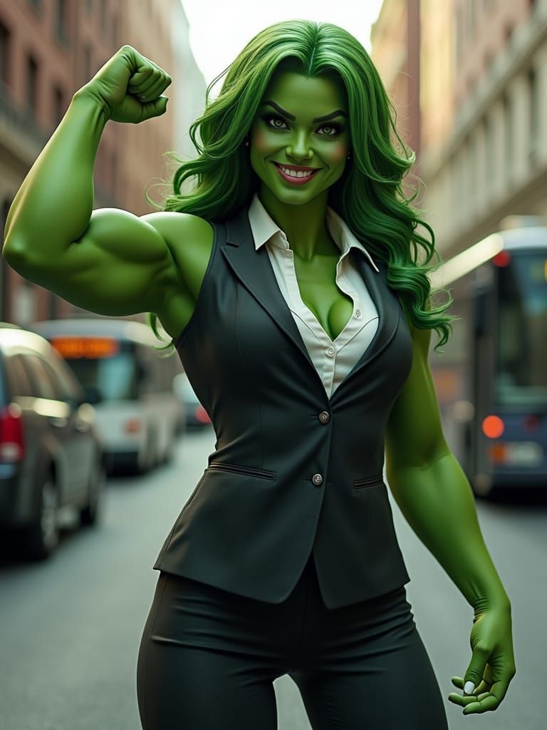 She-Hulk Flexing Bicep and Holding a Bus