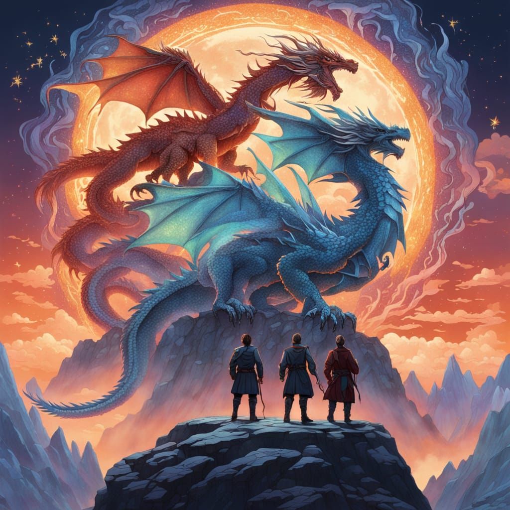 Dragon Riders at Dawn on Crystal Cliff