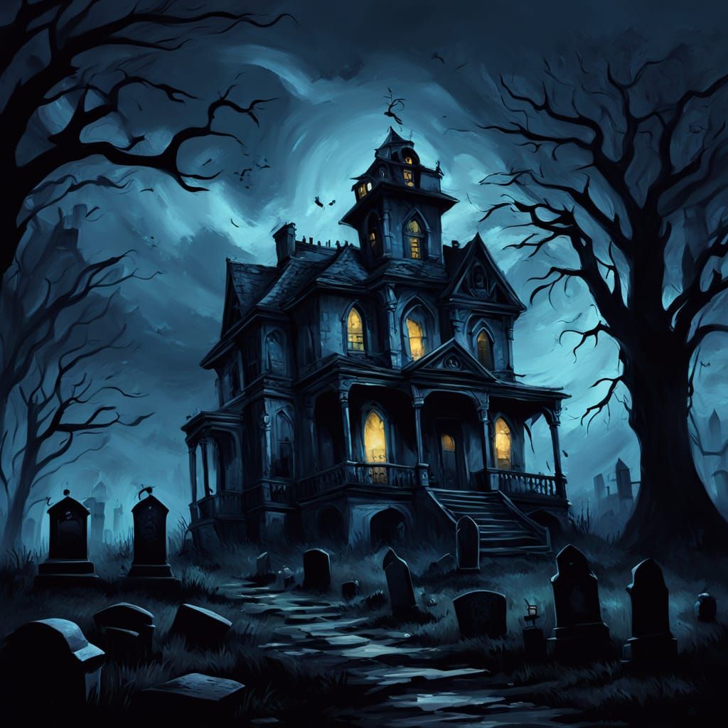 Ominous Gothic House Beside Graveyard in Oil Painting Style
