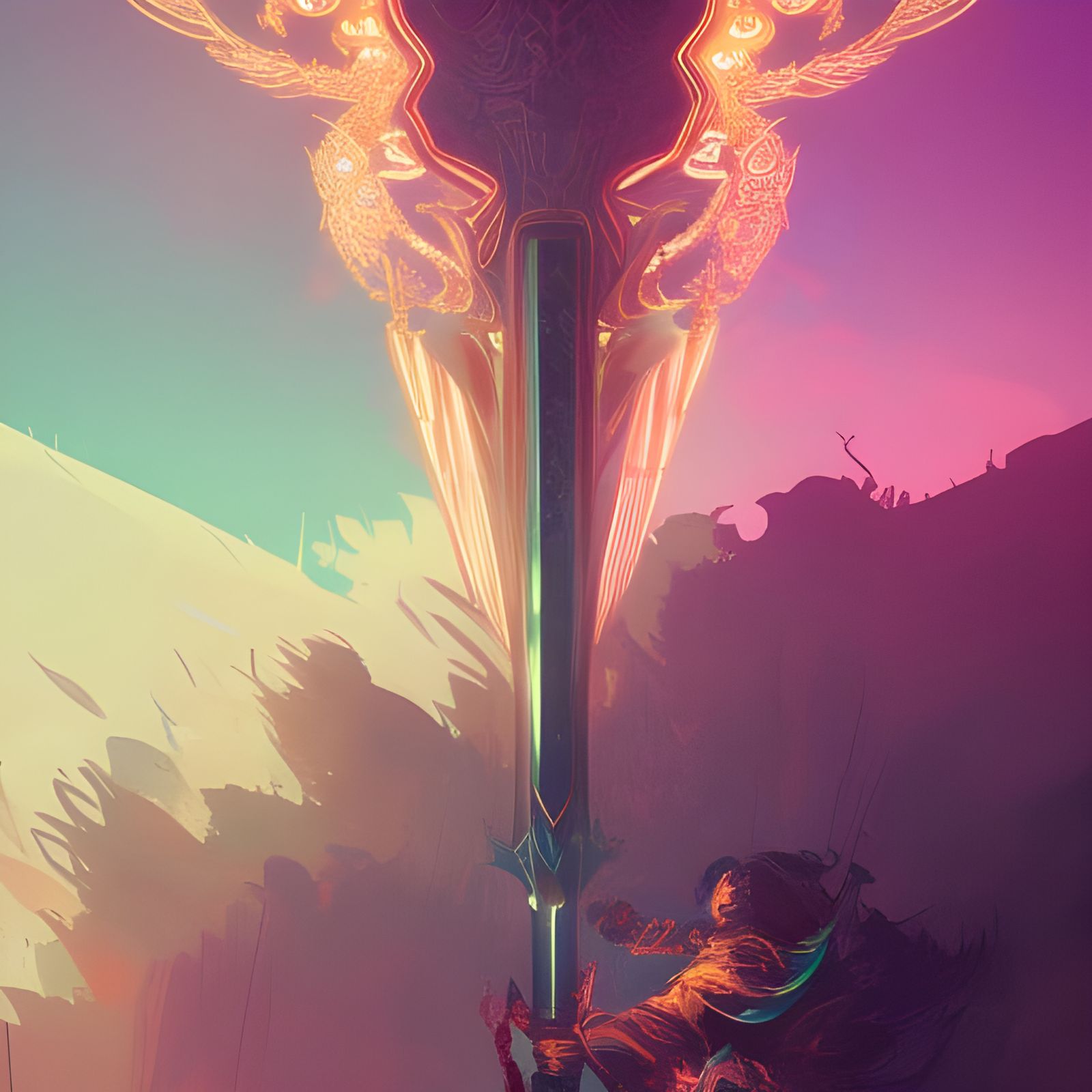 Luminous Bronze Sword and Crystals, Digital Illustration