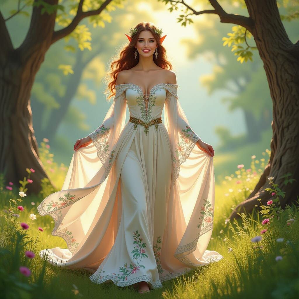 Elegant Elf Queen in Sunlit Glade