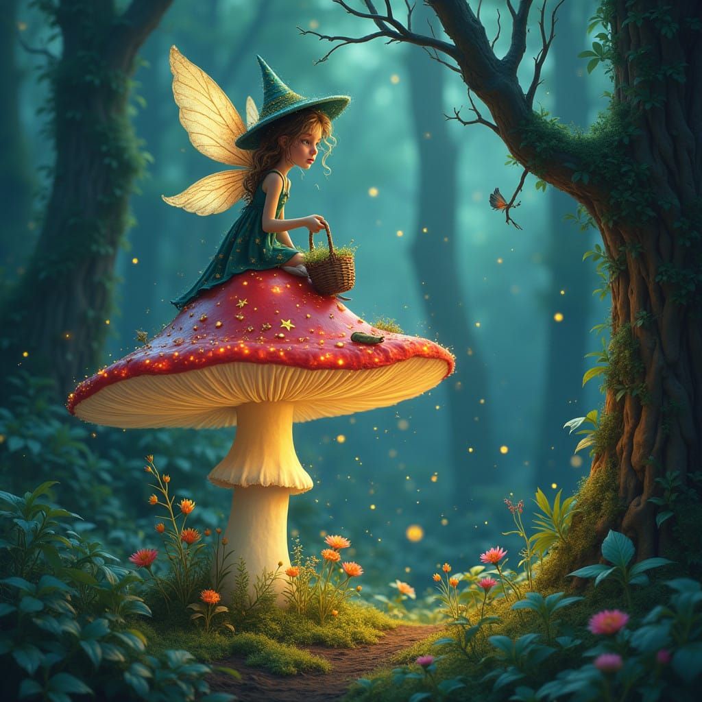 Whimsical Fairy Amidst Bioluminescent Mushroom House and Enc...