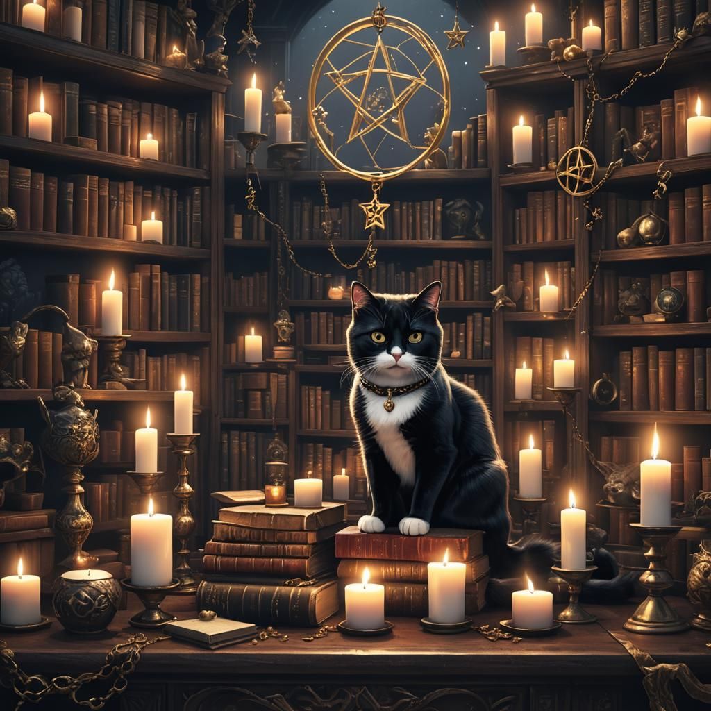 Tuxedo Cat on Bookcase with Pentacle: Fantasy Art