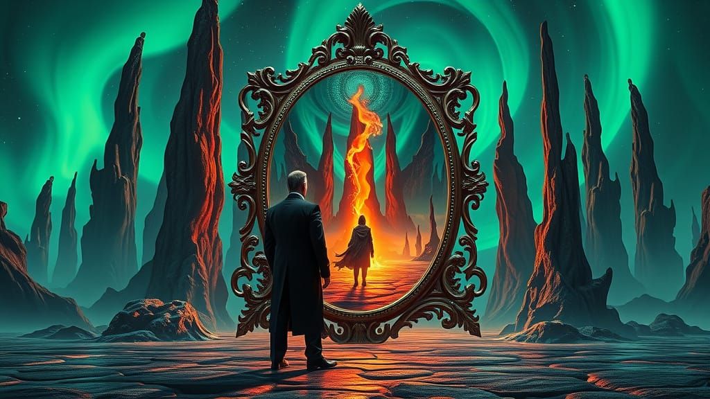 Politician Before Mirror to Hellish Landscape