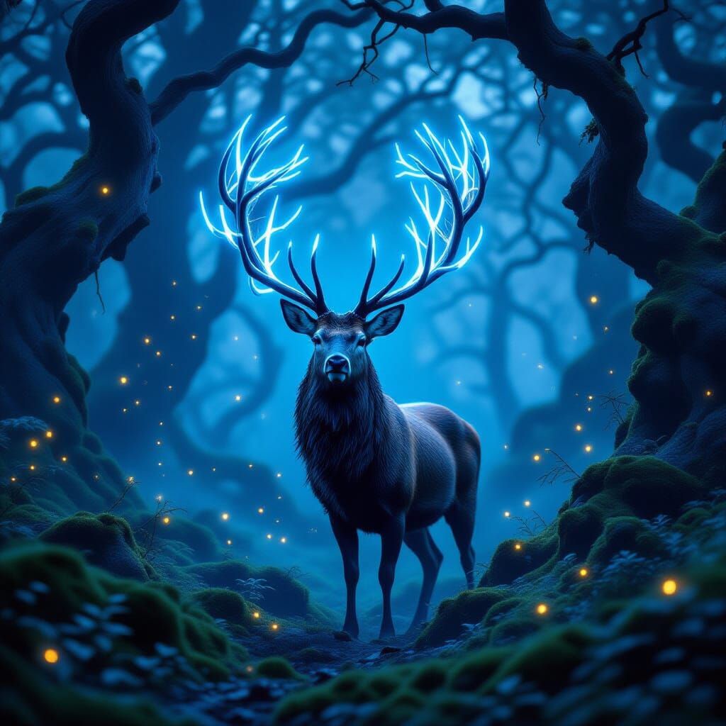 Majestic Stag with Spectral Antlers in Enchanted Forest