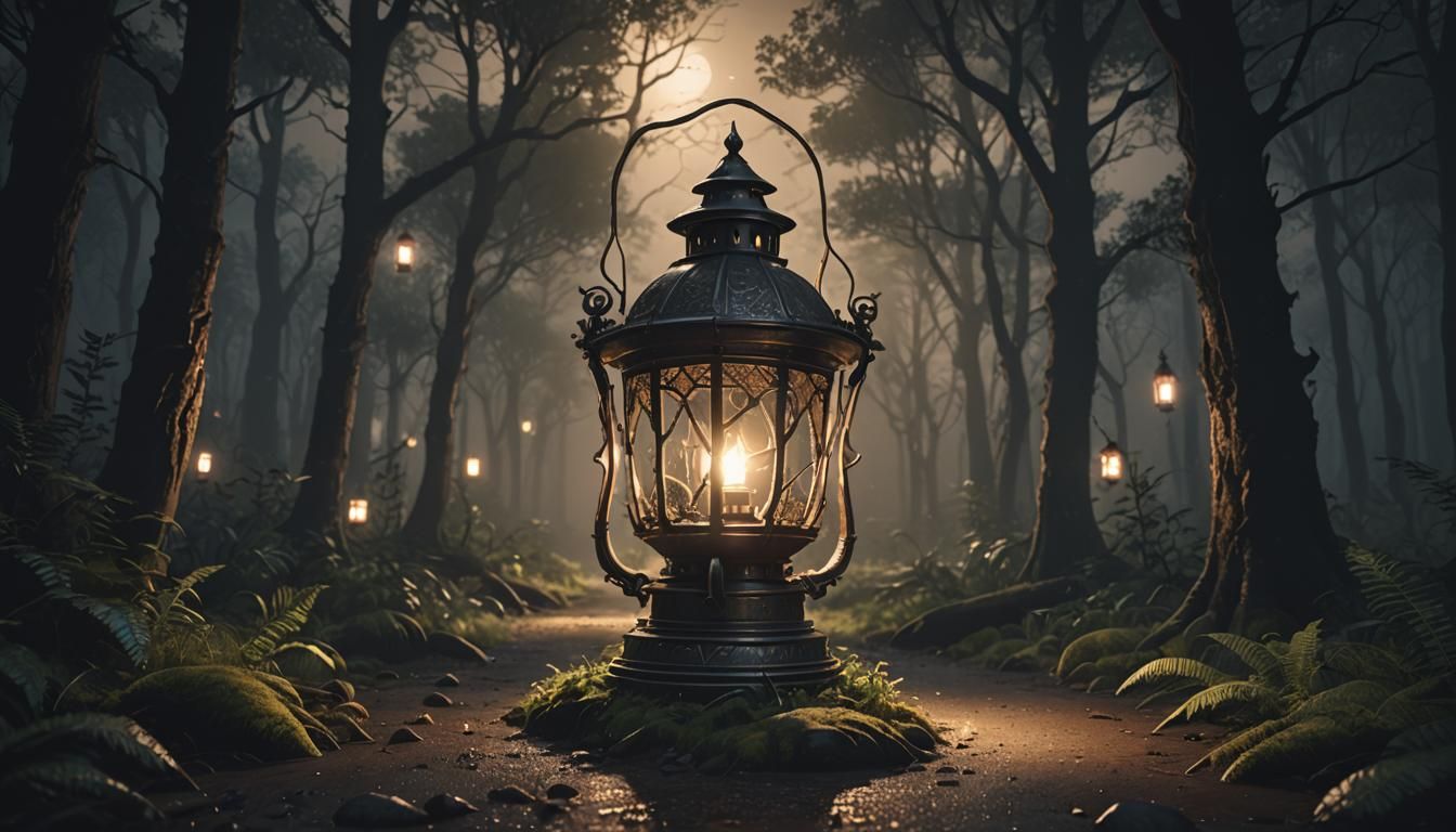 Fantasy Lantern Illuminates Forest Path in Splash Art