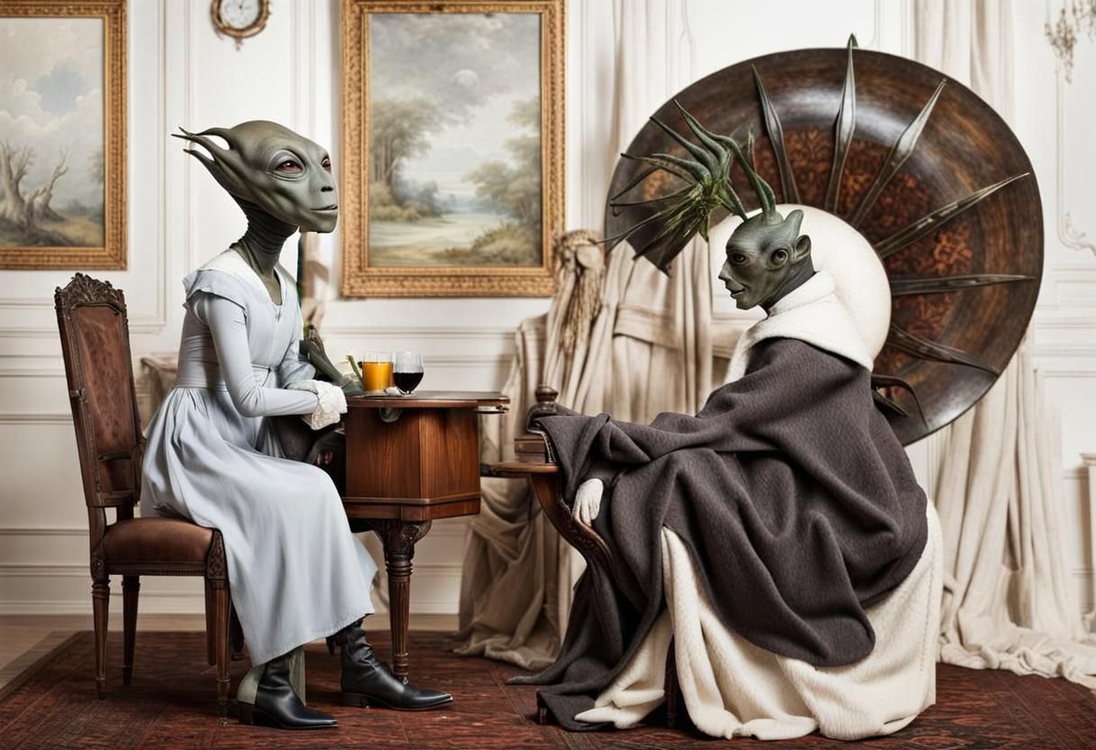 Surreal Alien Restaurant Celebration in a Gritty Setting