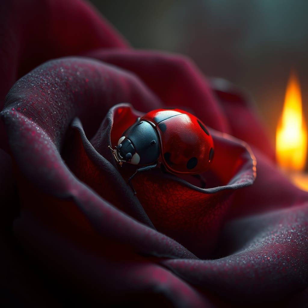 Mystical Ladybug on Velvet Rose in Whimsical Fairy Tale Styl...